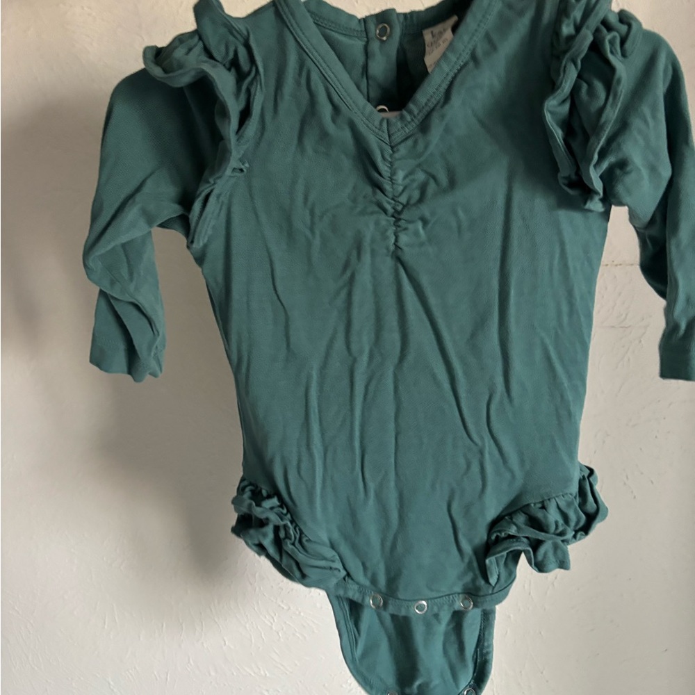 Kate Quinn Teal Ruffle Long Sleeve Bodysuit